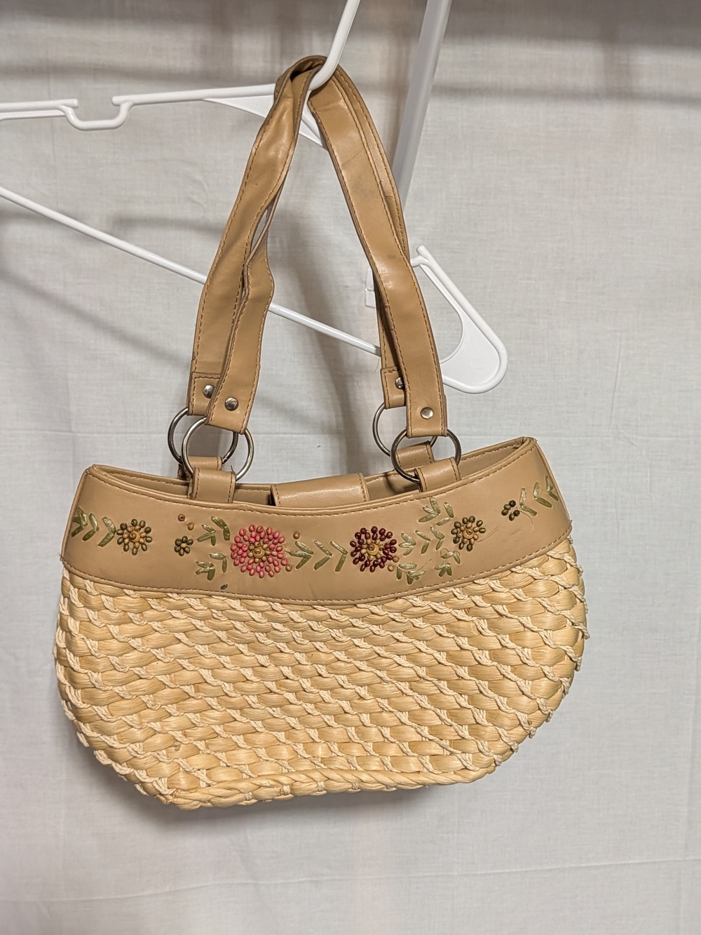 Avon Tan Woven Shoulder Bag with Floral Embroidery